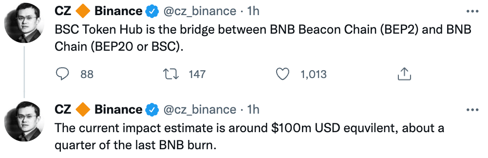 BNB Chain BSC跨链桥遭黑客攻击，200万枚BNB被盗，币安创始人称目前损失约1亿美元