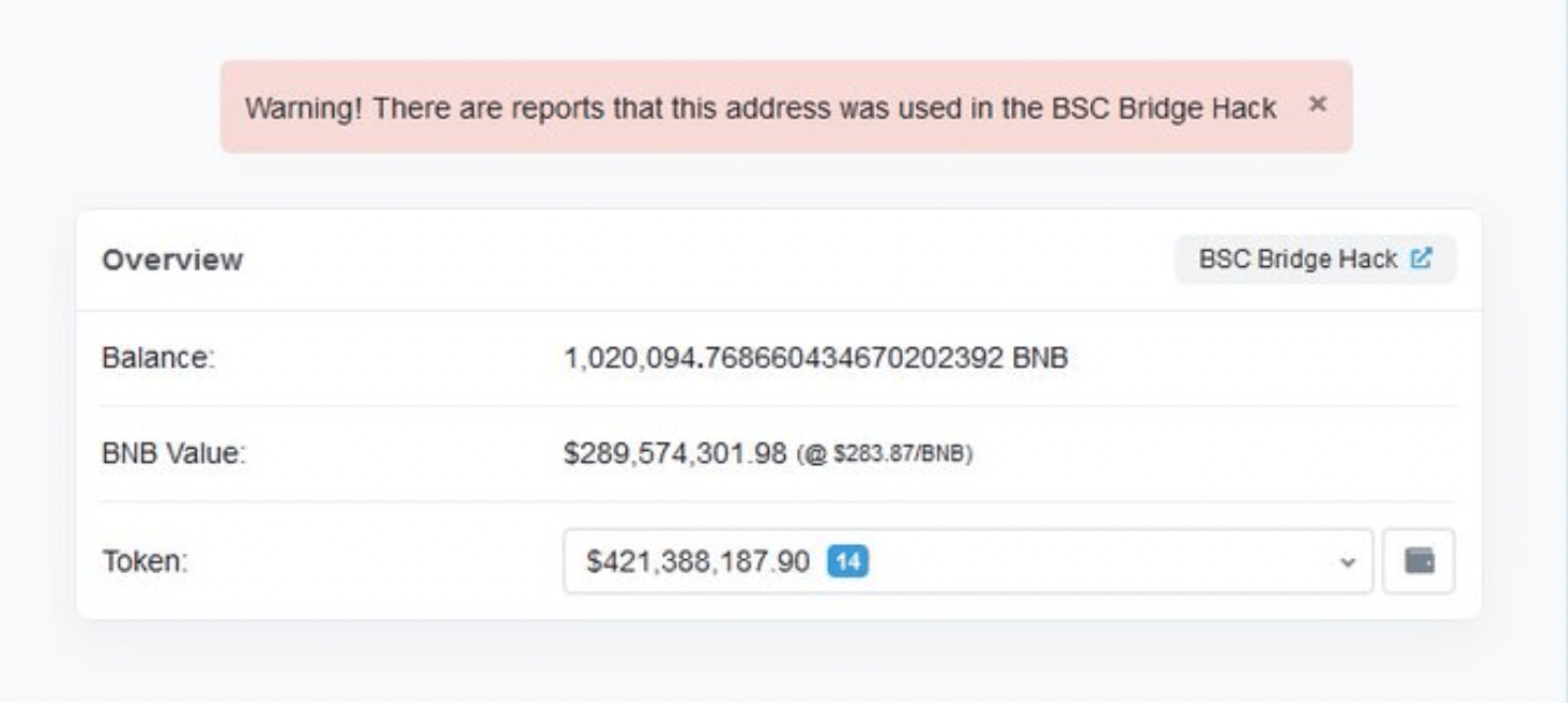 BNB Chain BSC跨链桥遭黑客攻击<strong></p>
<p>币安BNB</strong>，200万枚BNB被盗，币安创始人称目前损失约1亿美元