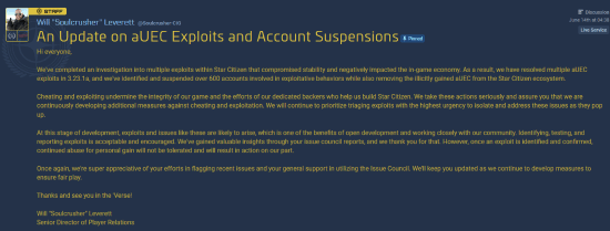 《星际公民》游戏官方:永久封禁600个账号 违规交易货币