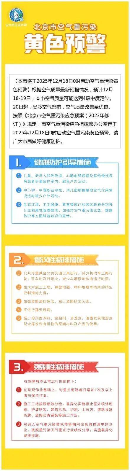 12月18日0时，北京启动空气重污染黄色预警！请注意防护